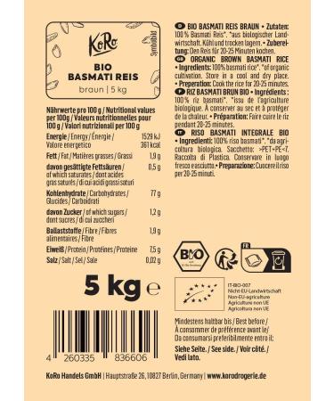 KoRo - Organic Basmati brown rice 5 kg - Intense aroma - Hazelnut taste - Fluffy consistency - Buy Online on GoSupps.com