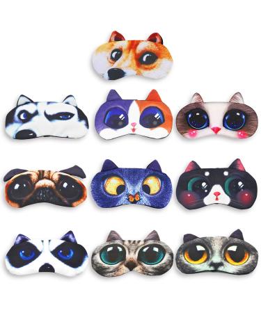 Animal Sleep Mask Eye Sleeping Mask Soft Funny Blindfold Tphon 3D Blcokout Eye Cover Cute Cat Dog Kids Eye Mask for Travel Shift Work Games Naps 10 Pack 04 Cat Dog*10