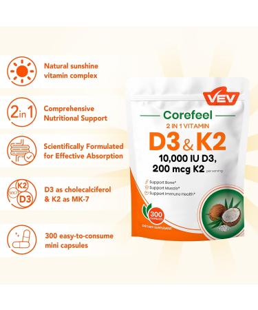 VEV Corefeel Vitamin D3 K2, 10,000 IU D3, 200mcg K2 (with MK7), Supports Bone and Teeth Health, Dual Nutrient Support for Daily Wellness, Easy to Swallow 300 Capsules - Buy Online on GoSupps.com