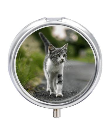 Pill Box Pill Case 3 Compartment Travel Pill Box Walk Along The Road Printing Small Pill Box Portable Medicine Pill Case Pill Organizer for Purse & Pocket for Travel Handbag (Round)