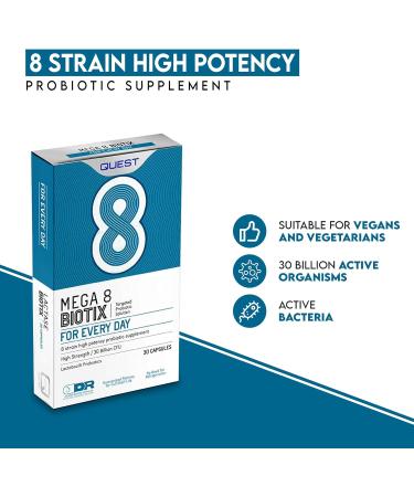 Quest Mega 8 Biotix Probiotic Capsules - 30 Billion CFU for Immune & Digestive Support - Buy Online on GoSupps.com