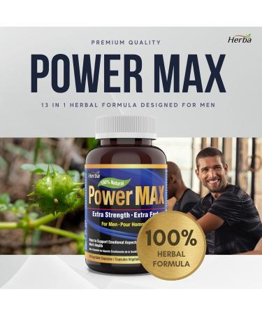 Herba Testosterone Supplements for Men - 60 Capsules | Tribulus Ashwagandha Panax Ginseng Maca and 9 Other Ingredients | Natural Testosterone Boosters for Men | Made in Canada | Power Max - Buy Online on GoSupps.com