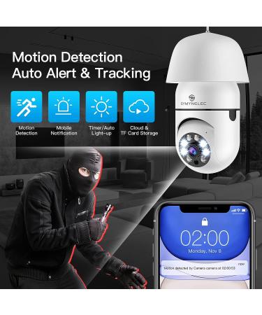 SYMYNELEC Light Bulb Security Camera 2K  2.4GHz Wireless WiFi Light Socket Security Cameras  360 Pan/Tilt Smart Lightbulb Cam Human Motion Detection Alarm Color Night Vision Works with Alexa Google White 1Pack(No SD Card) - Buy Online on GoSupps.com
