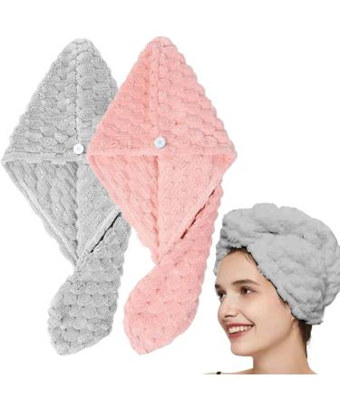 2Pcs Hair Towel Wrap Absorbent & Quick Dry Microfiber Hair Towel Anti Frizz Curly Hair Towel with Button Fixing Large Hair Drying Towel for All Hair Types 9.8x25.6'' Accessory