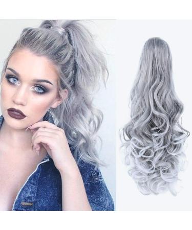 Beauty Wig World Claw Clip in Ponytail Extension Grey Long Curly Wavy Pony Tail Hair Extensions For Women 21