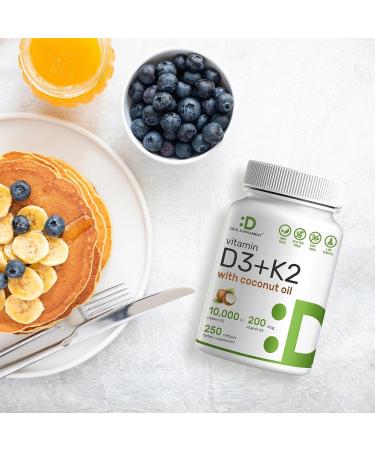 Vitamin D3 10,000 IU + K2 MK7 200 mcg Softgels with Coconut Oil - 250 ct Double Strength for Heart, Bone & Teeth Health - Easy to Swallow - 180 ct - Buy Online on GoSupps.com
