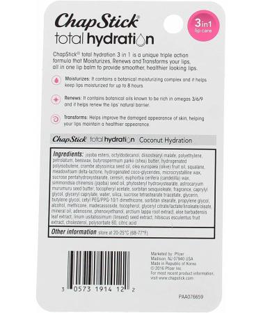 ChapStick Total Hydration Coconut 3-in-1 Lip Care 0.12 oz - Pack of 6 - Buy Online on GoSupps.com