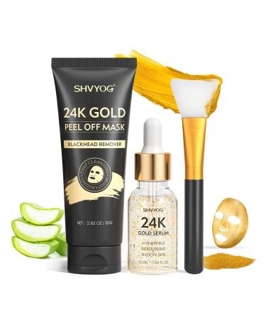 Blackhead Remover Mask  3-in-1 Peel off Face Mask with 24K Gold Serum & Silicon Brush 24K Gold Facial Mask For Deep Cleansing Blackhead  Whitehead  Pores  Acne  Oil  Peel Mask Black Mask(80g+20ml)