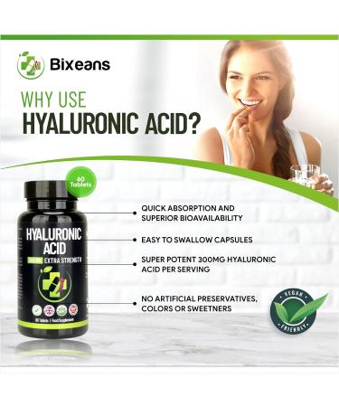 Bixeans Extra Strong Hyaluronic Acid 300mg - 60 Vegan Tablets - 300% Strength HA Supplement - Buy Online on GoSupps.com