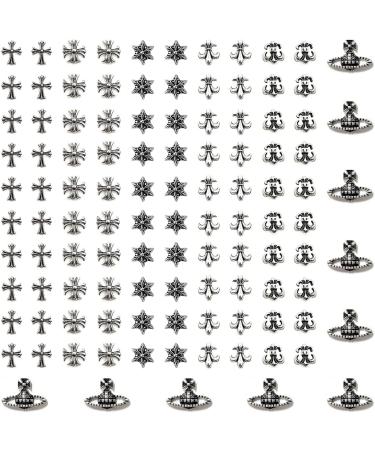 110Pcs Cross Nail Charm 3D Nail Charms for Acrylic Nails Punk Vintage Metal Silver Gold Nail Rhinestones Planet Nail Gems Nail Art Supplies for DIY Nail Decorations (Retro Silver)