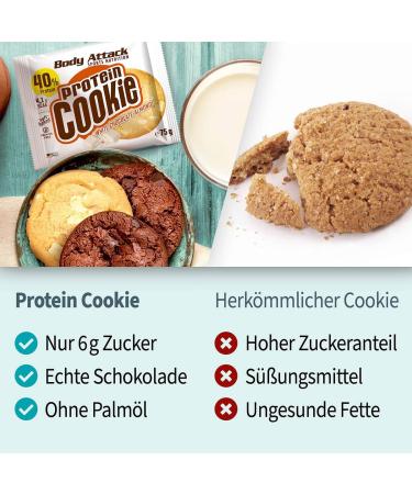 Body Attack Protein Cookie 40% protein 5% BCAA soft palm oil free Whole oat flour chocolate cookies cocoa butter Made in Germany 12x75g White chocolate with almonds - Buy Online on GoSupps.com