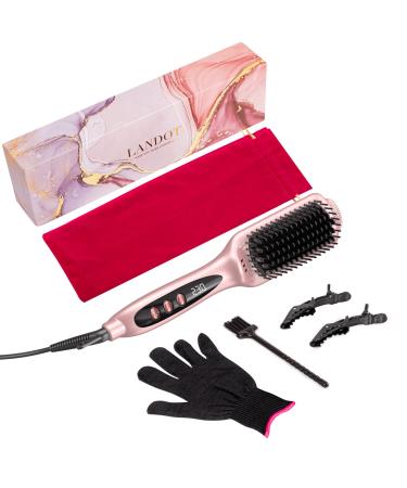 LANDOT Negative Ion Hot Brush Hair Straightener, Hair Straightening Heated Styling Brush Rose Gold
