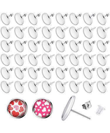 300 Pieces Stud Earring Kit Include 100pcs 12 mm Stainless Steel Blank Stud Earring Bezel Settings 100 Rubber Backs 100 Stainless Steel Earring Backs (Silver with Silver and Clear)