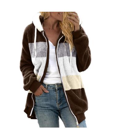 Hanxiulin fleece plush jacket fluffy warm zipper wool jacket sweatshirt ladies long hood fleece jacket lined warm outdoor hooded tops with hooded plush jacket s brown