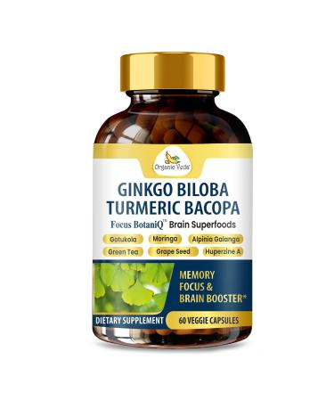 FocusBotaniQ Ginkgo Biloba Turmeric Bacopa Brain Supplement - Memory Mood & Focus Support - 10 in 1 Superfood Herbal Cognitive Complex for Concentration Energy & Brain Booster - 60 Vegan Capsule