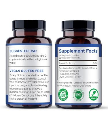 Ceylon Cinnamon Capsules | Sri Lanka Cinnamon Bark Powder | Gluten Free Natural Supplement | 120 Capsules - Buy Online on GoSupps.com