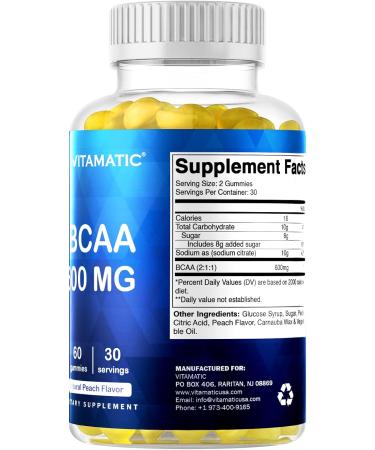 Vitamatic BCAA Gummies - Vegan Peach Amino Acid Supplements - 600mg 60 Pectin Gummies for Muscle Recovery & Endurance - Buy Online on GoSupps.com