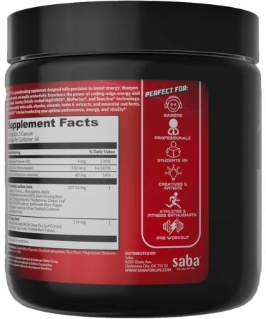 Saba MUV - Energy Nootropics & Brain Health: Enjoy Jitter-Free Energy from botanicals Vitamins and Minerals. Boost Focus Mood Memory and cognition for Peak Performance. 60 Capsules. - Buy Online on GoSupps.com