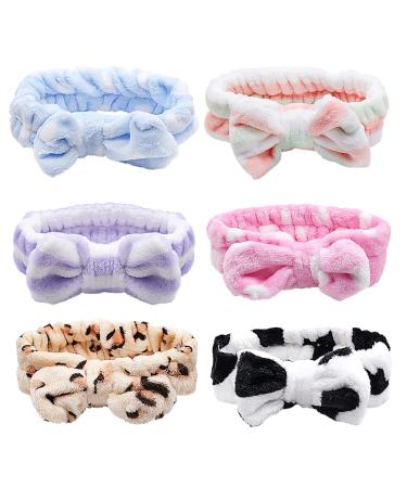 6 Colors Bowknot Hair Bands Spa Headband Women Soft Coral Fleece Elastic Headbands for Yoga Sports Shower Beauty Facial Skincare Makeup Wash