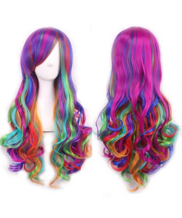 Sawekin Women Long Wavy Rainbow Wig 28"70cm Curly Colorful Wig for Women and Girls Anime Costume Halloween Cosplay Heat Resistant Wig (D-Rainbow Color)