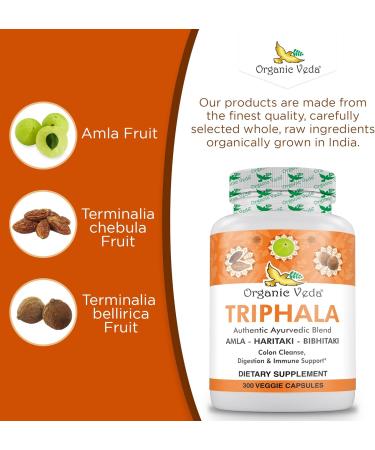 Organic Veda Triphala Powder 300 Capsules 1000mg - Organic Triphala Supplement for Colon Cleanse Immune Gut & Digestion Health - Whole Green Antioxidants Amla Haritaki & Bibhitaki - Vegan Pills - Buy Online on GoSupps.com