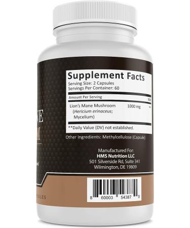 Lion's Mane Mushroom Capsules - 1000mg Potent Non-GMO Vegan Supplement by HMS Nutrition - Buy Online on GoSupps.com