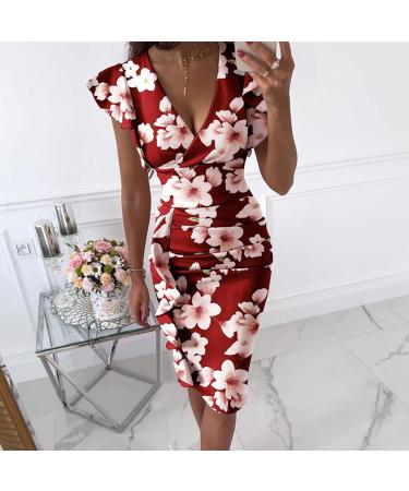 Briskyry V-Neck Floral Knee-Length Business Dresses for Women - Elegant Summer Bustier & Ruffled Hem Festival Style - Buy Online on GoSupps.com
