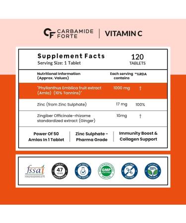 Generic Natural Vitamin C Amla Extract with Zinc for Immunity & Skincare - 120 Veg Tablets - Buy Online on GoSupps.com