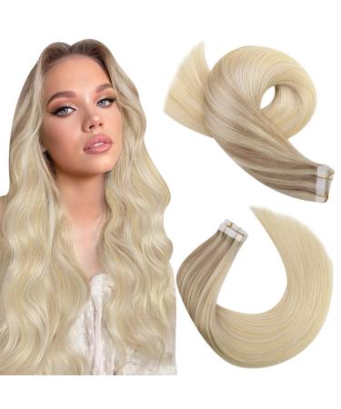 Moresoo Tape in Hair Extensions Human Hair Balayage Blonde Hair Extensions Tape in Ash Blonde with Medium Blonde with Platinum Blonde Tape in Extensions Real Hair 24 Inch #18/22/60 20 Pieces/50g
