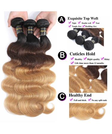 12A Ombre Body Wave Bundles With Closure - Brazilian Virgin Remy Human Hair Extensions in T1B/4/27 - 3 Bundles with 4x4 Lace Closure - Mixed 3 Tone Color - 14 16 18+12 Inches - Buy Online on GoSupps.com