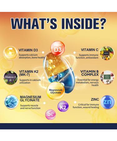 9-in-1 Magnesium Glycinate 500mg + Vitamin D3 5000 IU & K2 Complex - High Absorption - Healthy Stress Sleep Muscle Function Bone Health & Energy Supports | Non-GMO Gluten-Free 120 Softgels 120 Count (Pack of 1) - Buy Online on GoSupps.com