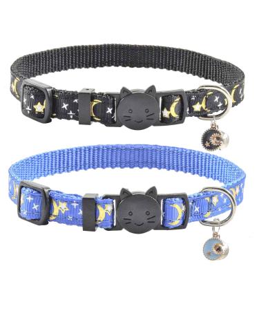 2 PCS Breakaway Cat Collar with Bell, Cute Adjustable Kitten Collars with Accessories Blue Black