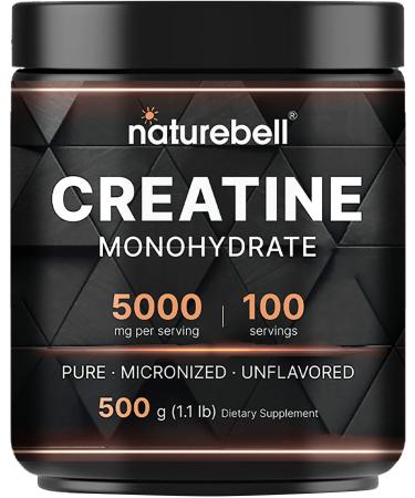 Naturebell Creatine Monohydrate Powder 500 Grams, 5000mg Per Serving, Pure Unflavored Creatine Powder - Micronized - Pre Workout | Keto | Vegan | Dissolves Easy | Filler Free - 100 Servings (1.1Lb)