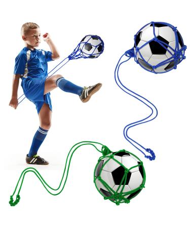 2 pcs Solo Soccer Kick Trainer Soccer Ball Bungee Training Juggling Net Soccer Ball net Soccer Training Equipment for Kids Youth Adults Kicking Practice, Fits Ball Size 3, 4, 5, Blue and Green