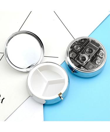 Vintage Camera Print Round Pill Box | 3 Compartment Portable Pill Organizer | Decorative Metal Pocket Case for Medicine - Buy Online on GoSupps.com