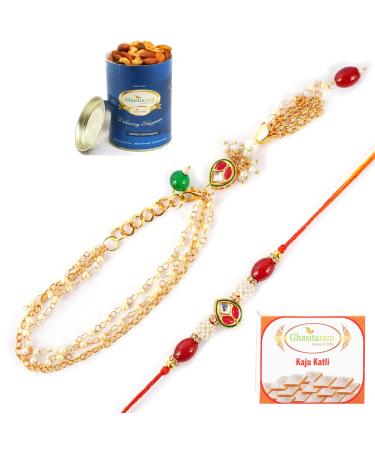 Ghasitaram Gifts Rakhis Online - Rakhi for Brother-MJ-3 Bhaiya Bhabhi Rakhi with 100 GMS of Dryfruits Mix Can 200 GMS of Kaju katli Rakhi Set & 100g Dryfruits Mix Can 200g Kaju katli