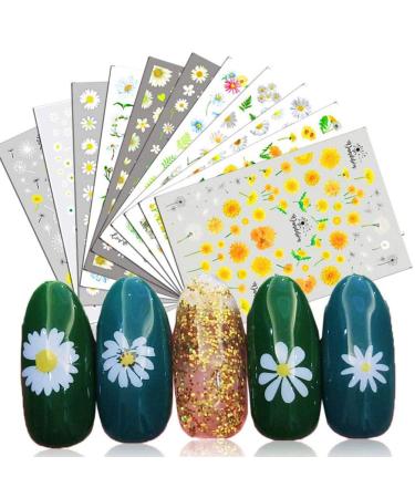 Flower Nail Art Stickers 12 Sheet 3D Self-Adhesive Nail Decals Sunflower Small Daisies Flowers Mix DIY Design Decoration Accessories for Girl