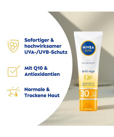 Nivea Sun UV Face Q10 Anti-Age Sunscreen SPF 30 - Moisturizing Facial Protection Against UVA/UVB Rays (50 ml) - Buy Online on GoSupps.com