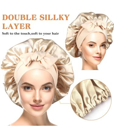 Satin Silk Bonnet Sleep Cap for Curly Hair | Double Layer Hair Bonnet with Stretchy Tie Band | Gold Large for Women - Buy Online on GoSupps.com