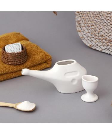 HealthGoodsIn Ceramic Neti Pot with Eye Wash Cup 225ml - Travel Friendly for Nasal Cleansing and Eye Washing - White Color - Buy Online on GoSupps.com
