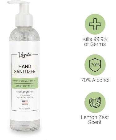Veeda Hand Sanitizer with Lemon Zest - Moisturizing 70% Ethyl Alcohol Gel - Antimicrobial & Vitamin E - Travel Size 8 Fl Oz - Made in USA - Buy Online on GoSupps.com