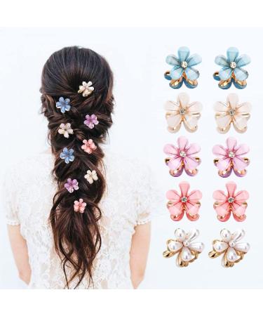 10 Pcs Mini Cute Flower-Shaped Hair Clips for Girls Multicolor Crystal Hair Barrettes for Long Braid Hairstyles Pearl Hairpin for Women Hair Accessories (10 Pcs- Mix Color) Mix-Color