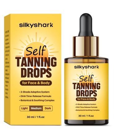 SilkyShark Facial Self Tanning Drops (1 Fl Oz) Tanning Drops for Face & Body Gradual Bronzing Effect Lightweight Tanner for Sensitive Skin Natural Sun-Kissed Glow Medium Shade
