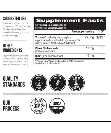 Organic Vitamin C Liquid - 250 mg | Whole Food Vitamin C Supplement from Fruit Plus Absorption Cofactors Rutin & Citrus Bioflavonoids - Immune & Antioxidant Support Total Health (96 Servings) - Buy Online on GoSupps.com