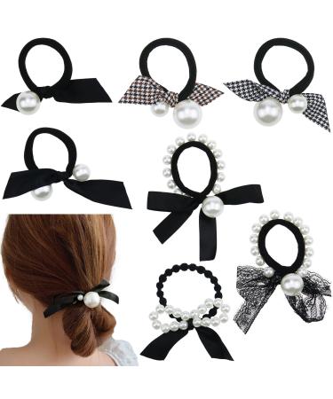 7 Pcs Pearl Black Elastic Hair Ties Ponytail Holders Pearl Rubber Band Hair Ropes Headbands Hair Accessories Scrunchie Ropes for Women Girls