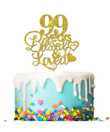 Tenhaisi Gold Glitter 99 Years Blessed & Loved Cake Topper - 99th Birthday / 99th Wedding Anniversary Cake Topper - Happy 99 Birthday Sign - 99th Birthday / 99th Anniversary Party Decoration