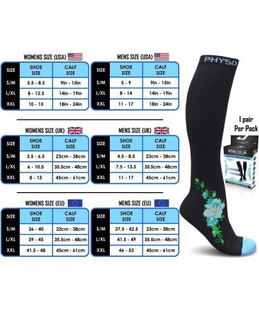 Physix Gear Compression Socks 20-30 mmHg for Men & Women - XXL Black Blue Flower - Athletic Fit for Running Nurses Maternity Pregnancy - Boost Stamina Circulation & Recovery - Buy Online on GoSupps.com