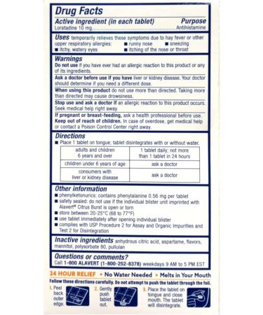 Alavert Allergy Relief 24-Hour Non-Drowsy Tablets Loratadine 10 mg Antihistamine Citrus Burst Flavor 60 Tablets - Buy Online on GoSupps.com