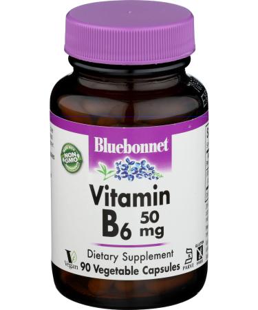 Bluebonnet Nutrition Vitamin B6 Vegetable Capsules, 50 mg, For Cardiovascular and Nervous System Health, Soy Free, Gluten Free, Kosher, Dairy Free, Vegan, Non-GMO, 90 Vegetable Capsules, 90 Servings