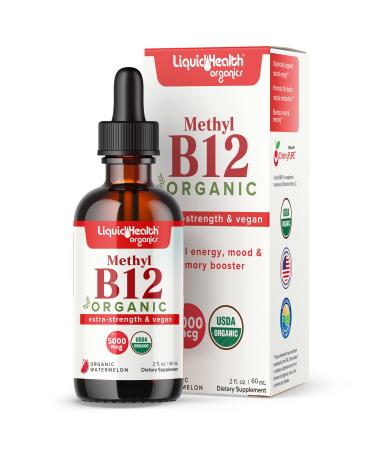 LIQUIDHEALTH Methyl Vitamin B12 Organic Liquid Pure Drops Methylcobalamin Energy Boost Focus Improve Memory Natural Metabolism Vegan Safe Sublingual Hydroxocobalamin 2 Fl Oz (Pack of 1)